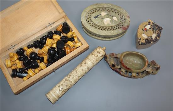 An ivory bodkin case, chess set etc